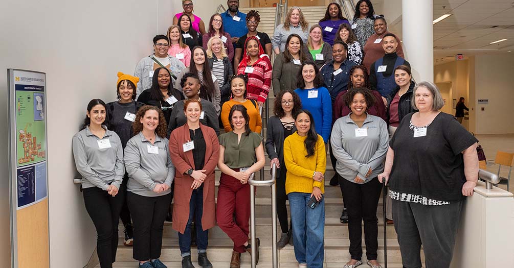 Image credit: Michigan Photography. Participants and staff of the Feeding MI Families Community Food Advocacy Fellowship gather for a photo during the March 2024 kickoff meeting in Ann Arbor, Mich.