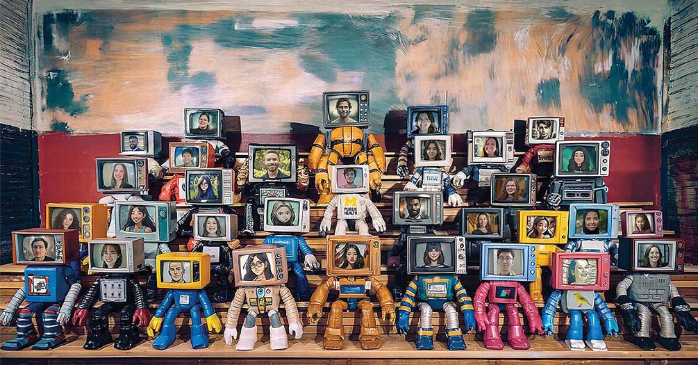 image of robot computers with real student faces in the screen