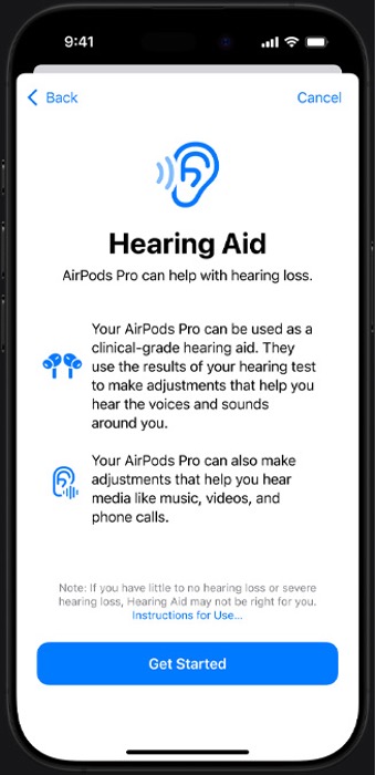 Screenshot of hearing aid feature on iPhone