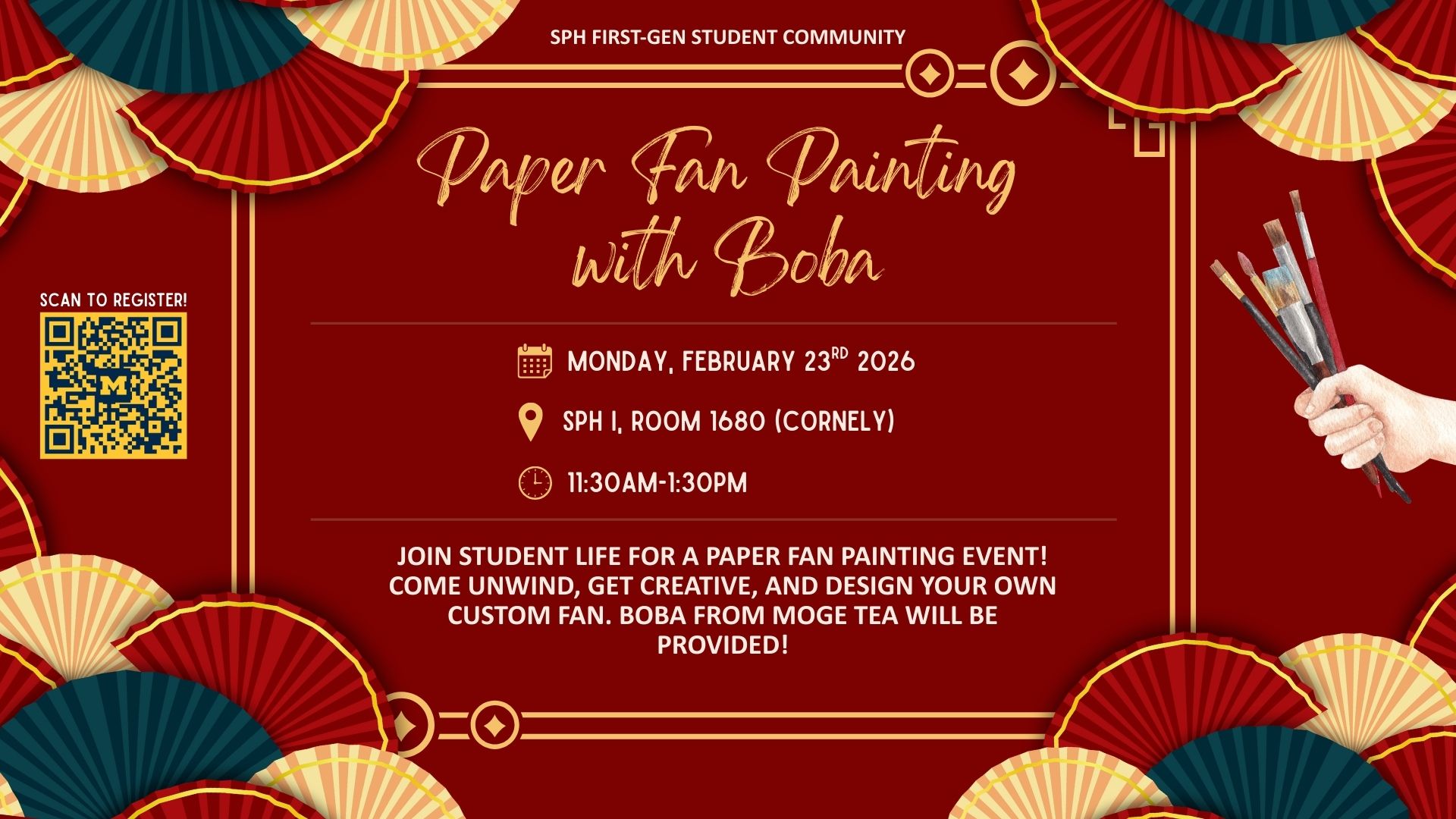 Event Flyer for First Gen: Paper Fan Painting with Boba