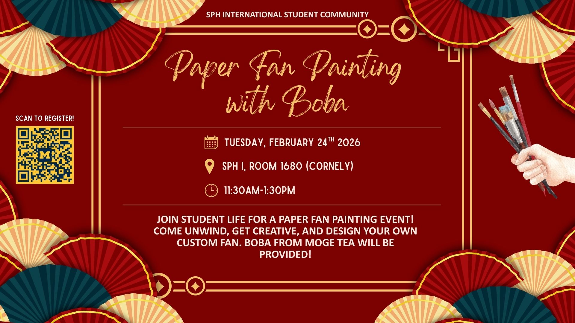 Event Flyer for International Student Community: Paper Fan Painting with Boba