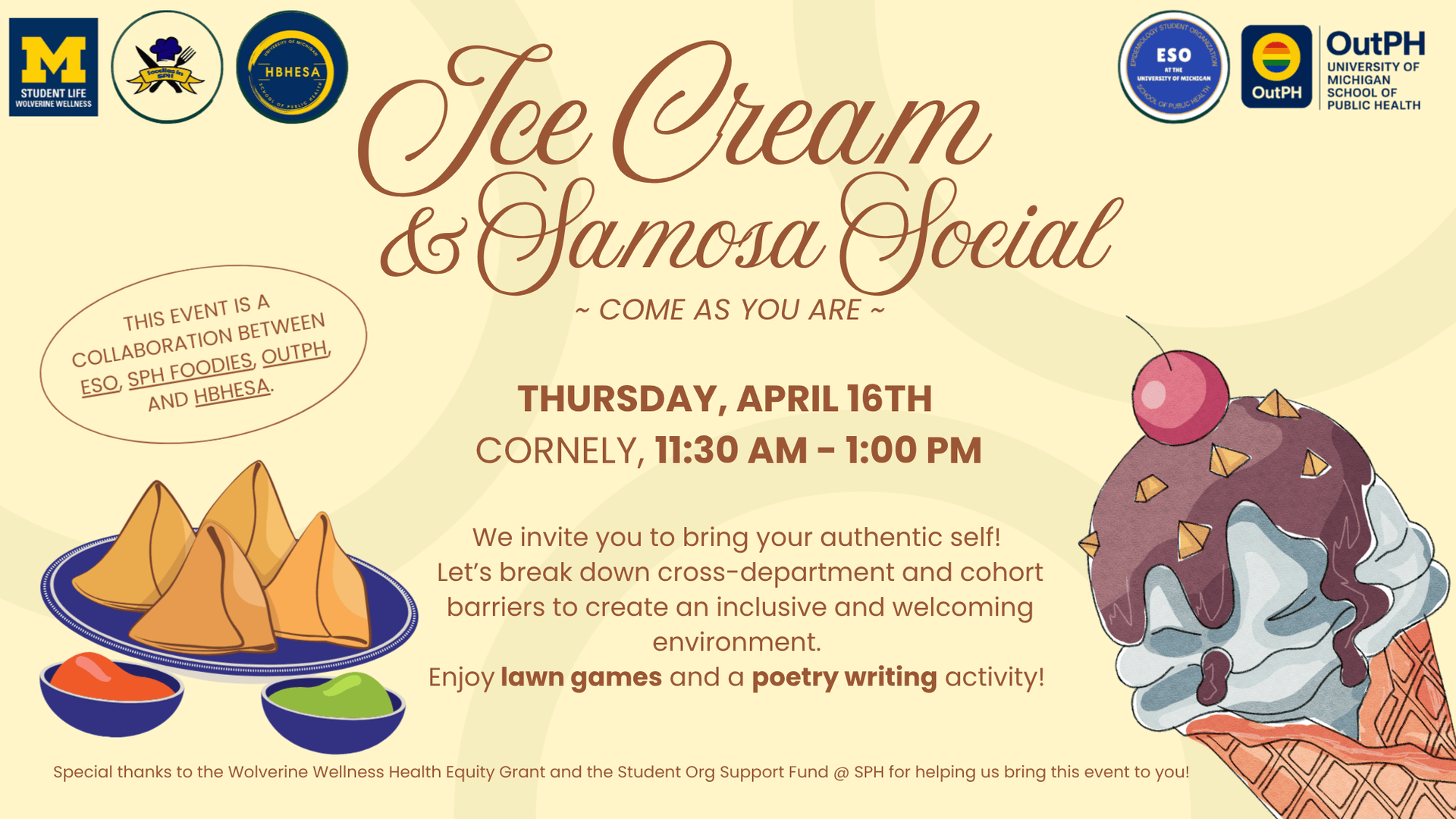 Event Flyer for Ice Cream and Samosa Social: Come As You Are!