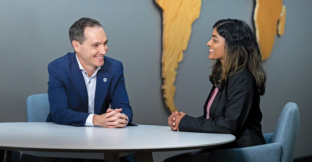 Pedro Sancha, President and CEO of NSF, left, and Swati Sriram, MPH ’23, at NSF.