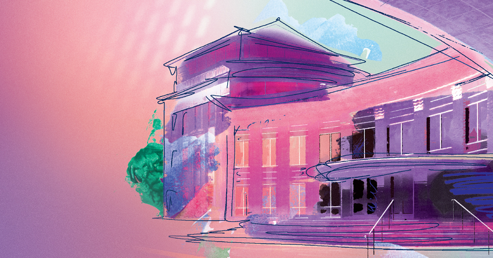 An illustration in multiple colors of the University of Michigan School of Public Health building