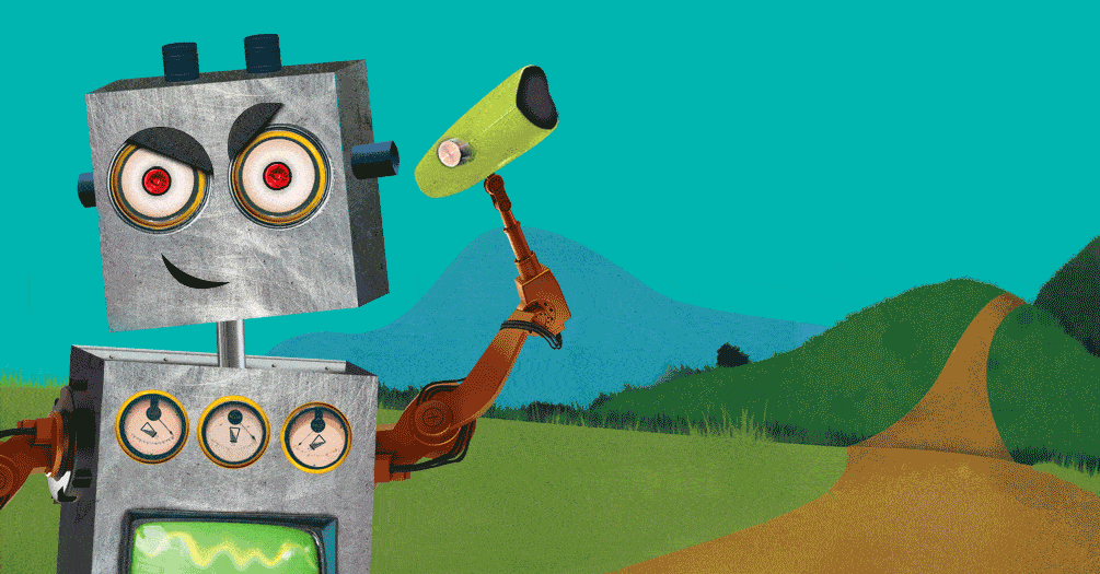 An animated gif of a robot throwing donots and then getting hit in the face with an apple