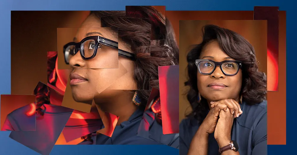 Two photos of Melissa Creary, one with her looking to the left and one straight with graphic elements of red sickle cells