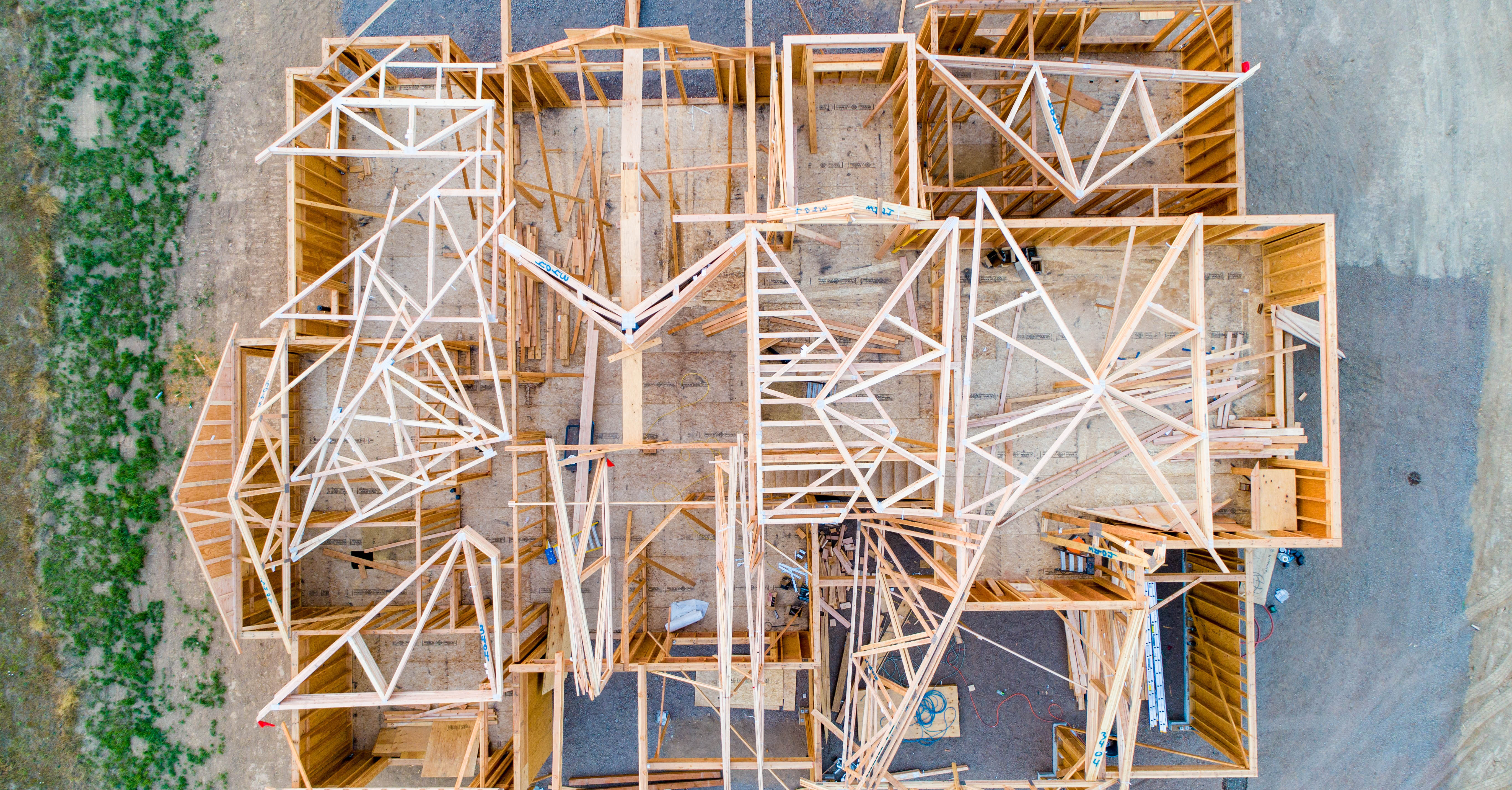 An overhead view of a house under construction.