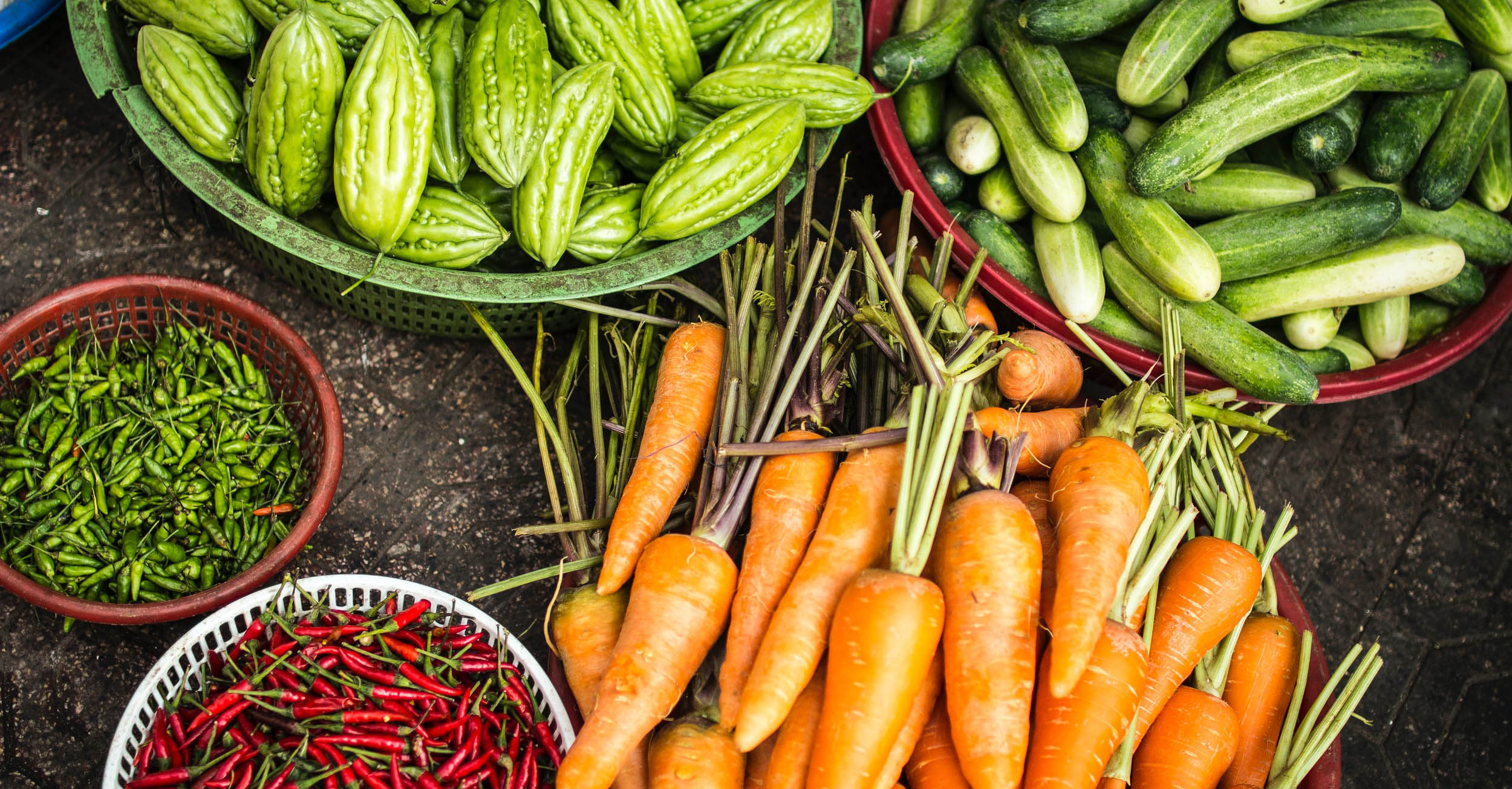 Bowls of food in a garden, including peppers, cucumbers, and carrots.