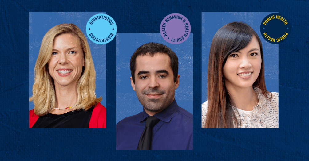 Headshots of Kelley Kidwell, Jason Goldstick, and Alumna Hsing-Fang Hsieh on a blue background.