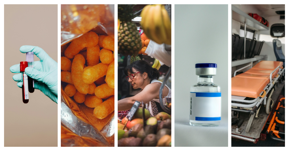 Five images left to right: blood samples in vials, cheese puffs, a fruit market stand, a vaccine bottle, and the interior of an ambulance.