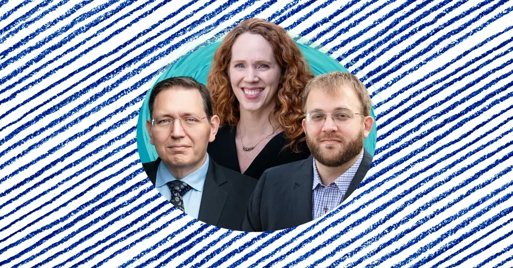 Laura Power, Brian Castrucci and JP Leider's headshots, framed within a teal oval on a white and blue patterned background.