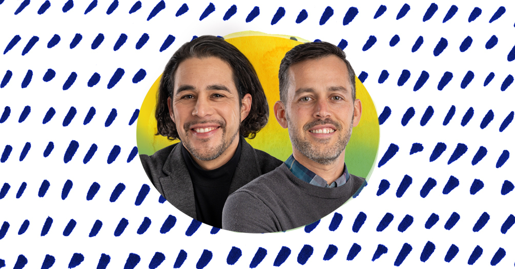 William Lopez and Paul Fleming headshot, framed within an light blue oval on a white and blue patterned background.