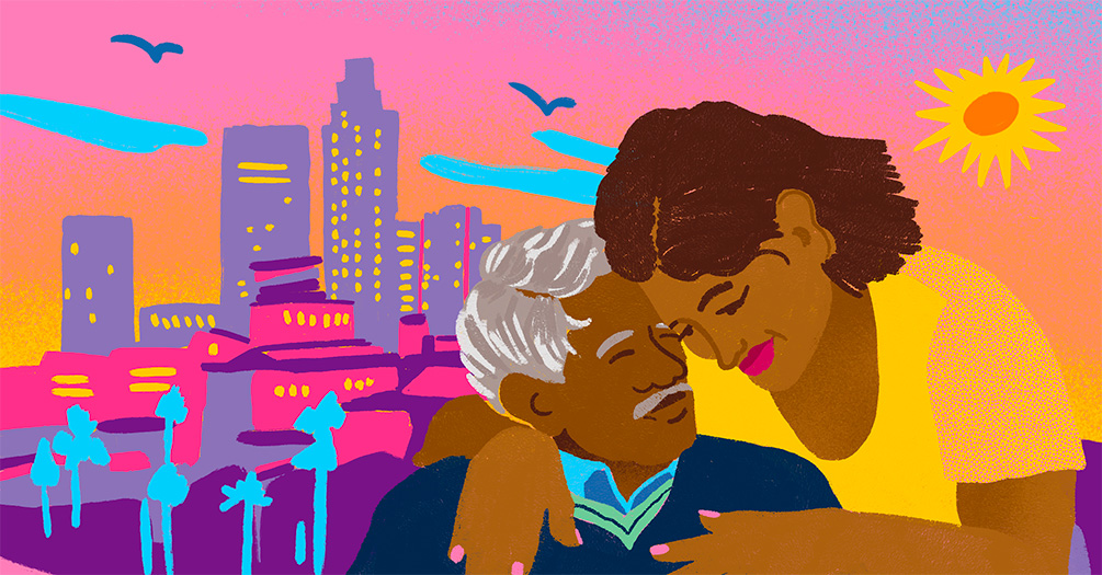 An affectionate scene of two individuals, one resting their head on the other's shoulder, against a stylized cityscape at sunset.